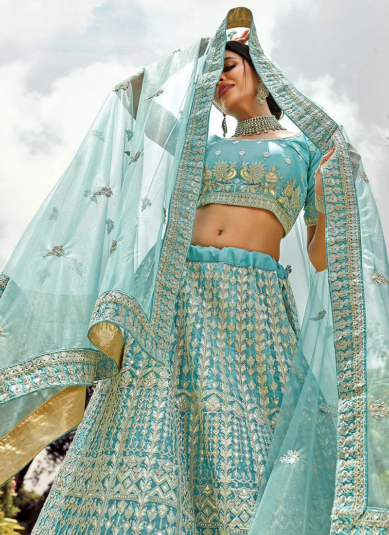 Aqua Blue Gotta Patti Embroidered Wedding Lehenga Choli