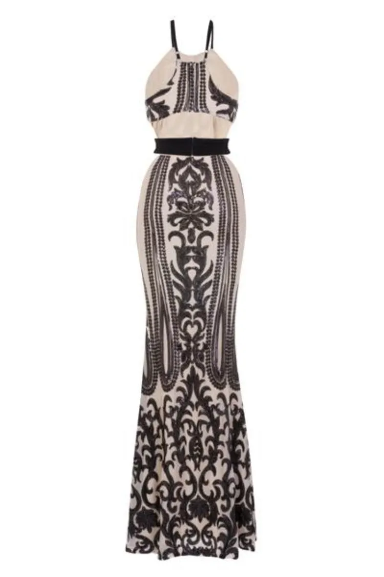 Ayisha Luxe Black Nude Victorian Sequin Illusion Exposed Maxi Dress