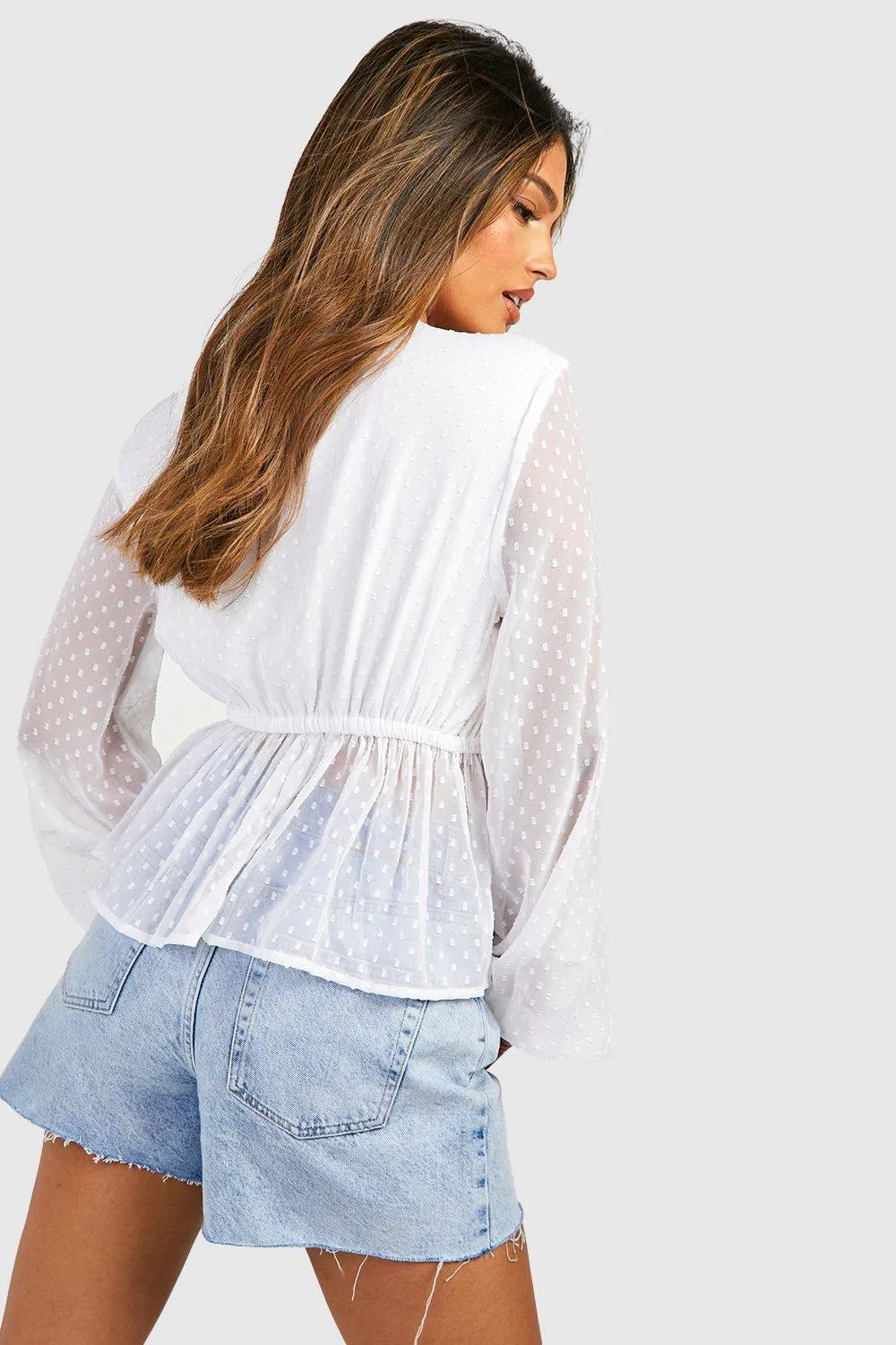 Boohoo Tie Front Dobby Chiffon Blouse, White