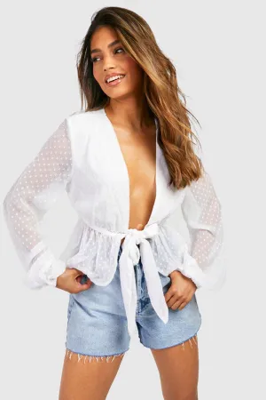 Boohoo Tie Front Dobby Chiffon Blouse, White