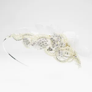 Exquisite Side Accented Crystal, Pearl & Ivory Tulle Headband