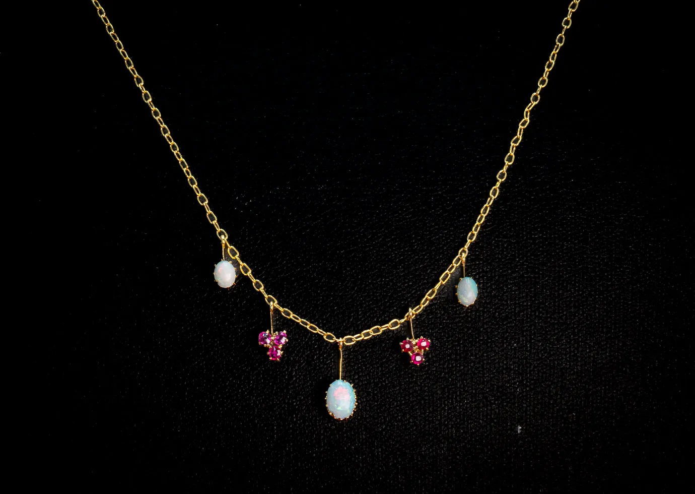 Exquisite Yellow Gold Opal and Ruby Drop Necklace