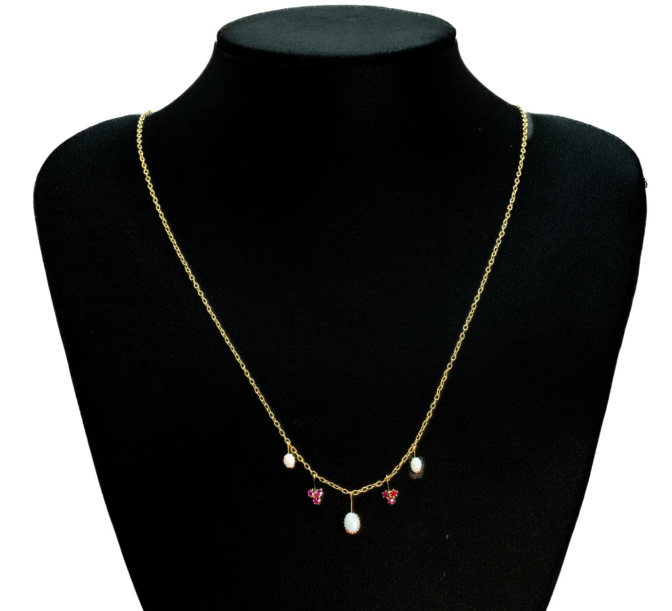 Exquisite Yellow Gold Opal and Ruby Drop Necklace