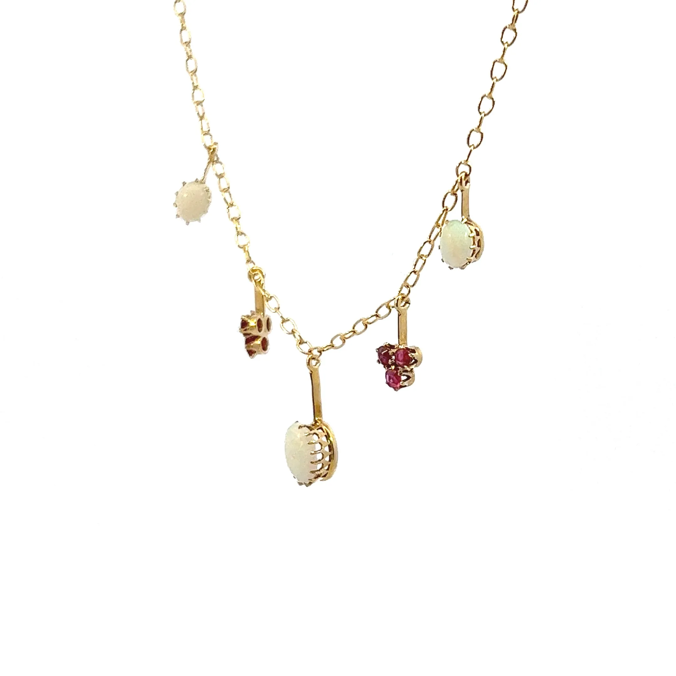 Exquisite Yellow Gold Opal and Ruby Drop Necklace