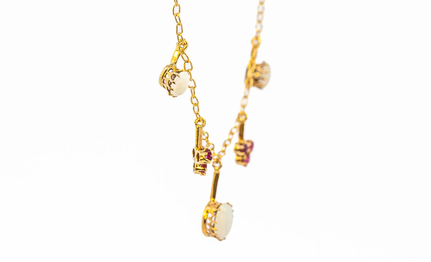 Exquisite Yellow Gold Opal and Ruby Drop Necklace