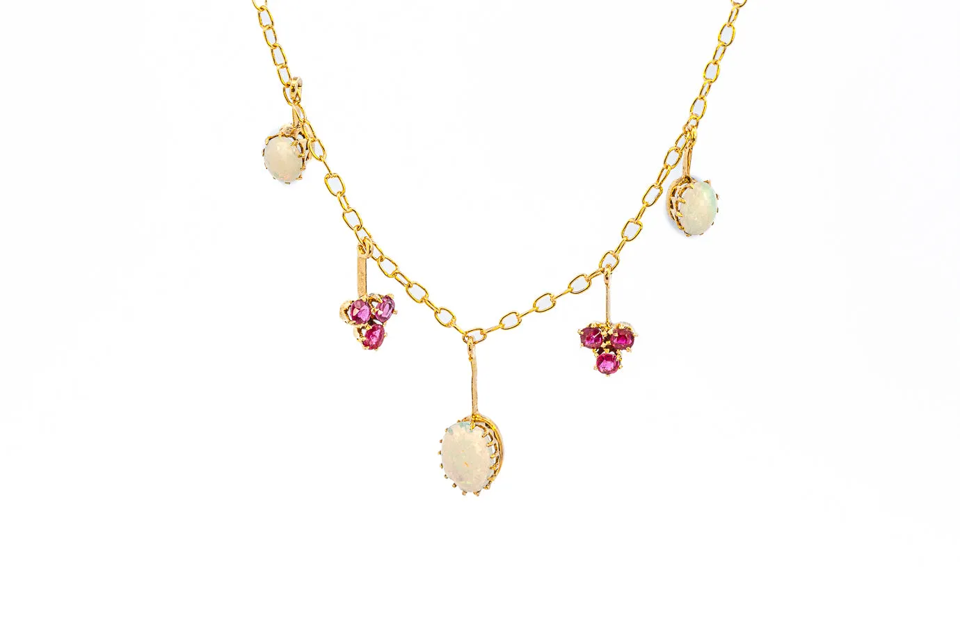 Exquisite Yellow Gold Opal and Ruby Drop Necklace