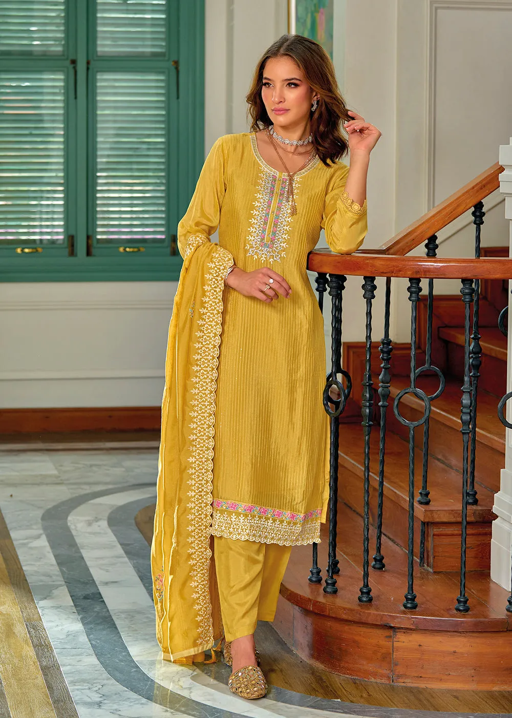 Exquisite Yellow Premium Silk Festive Wear Salwar Suit