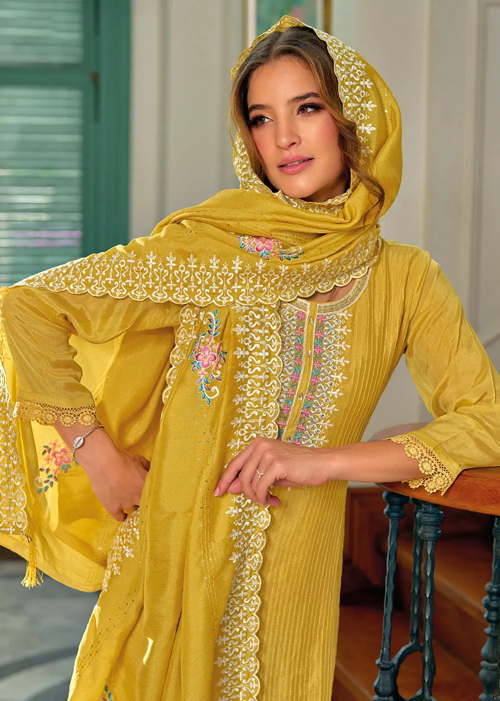 Exquisite Yellow Premium Silk Festive Wear Salwar Suit