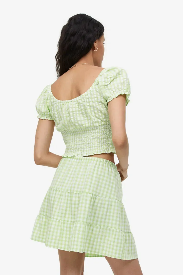 H&M gathered blouse with puff sleeves, light green/checkered