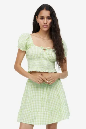 H&M gathered blouse with puff sleeves, light green/checkered