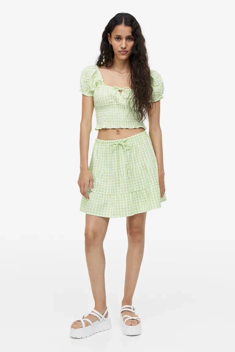 H&M gathered blouse with puff sleeves, light green/checkered