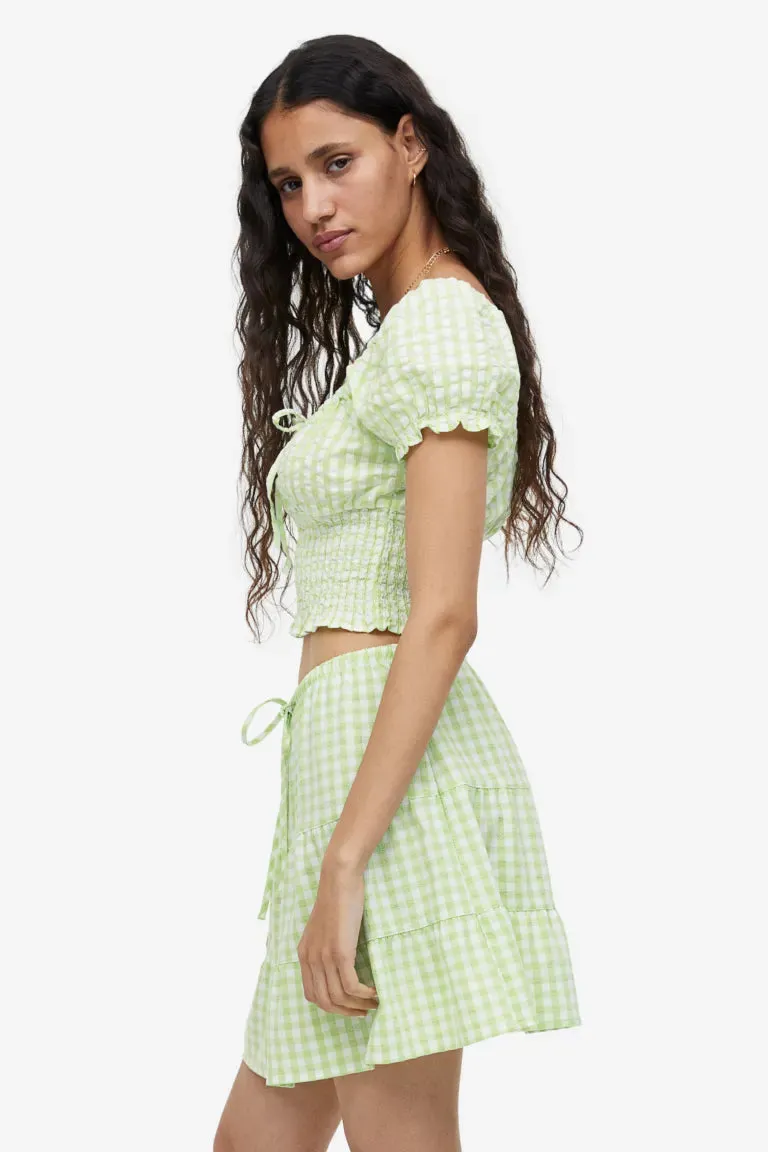 H&M gathered blouse with puff sleeves, light green/checkered