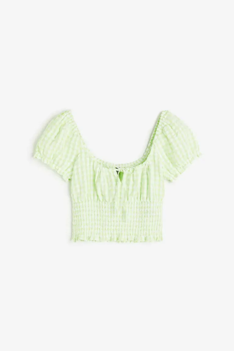 H&M gathered blouse with puff sleeves, light green/checkered