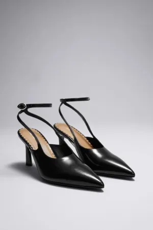 H&M Pointed Leather Ankle Shoes, Black