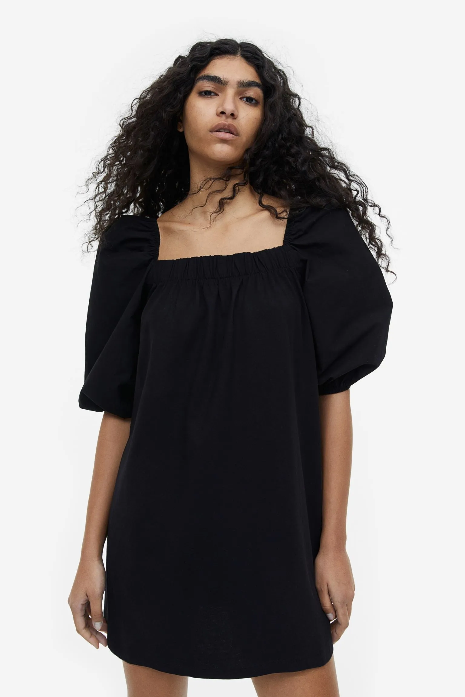 H&M Puff-sleeved Cotton dress, black