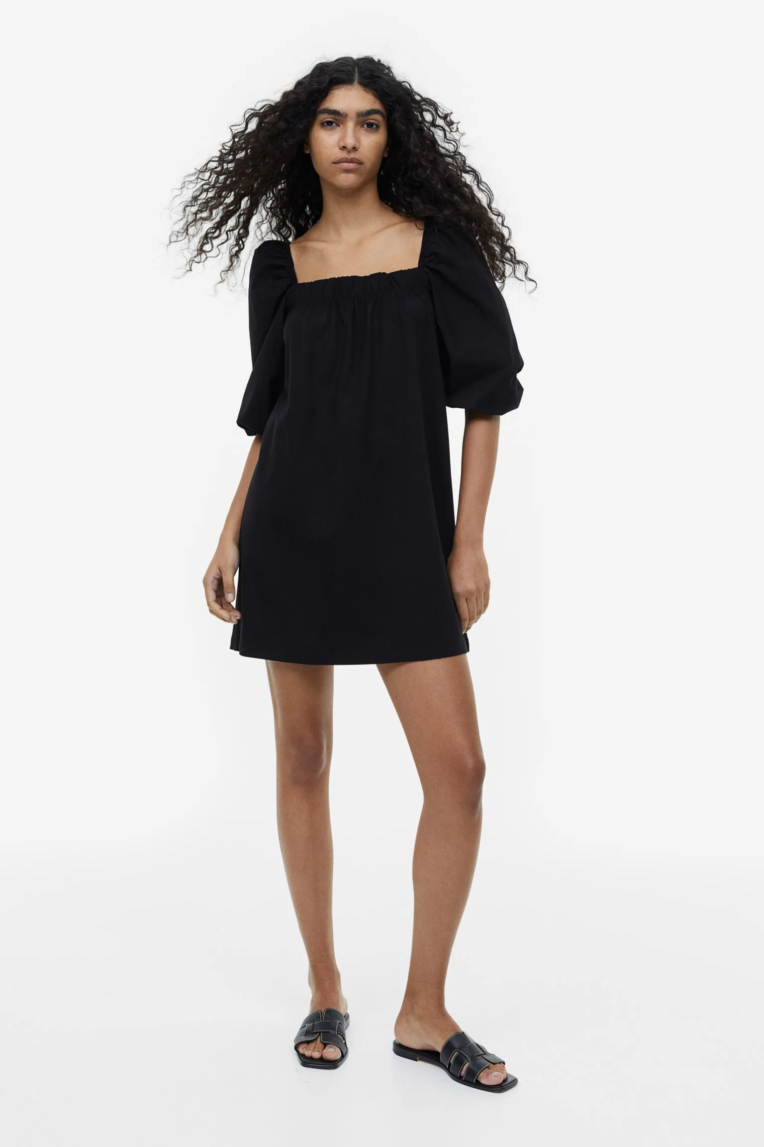 H&M Puff-sleeved Cotton dress, black