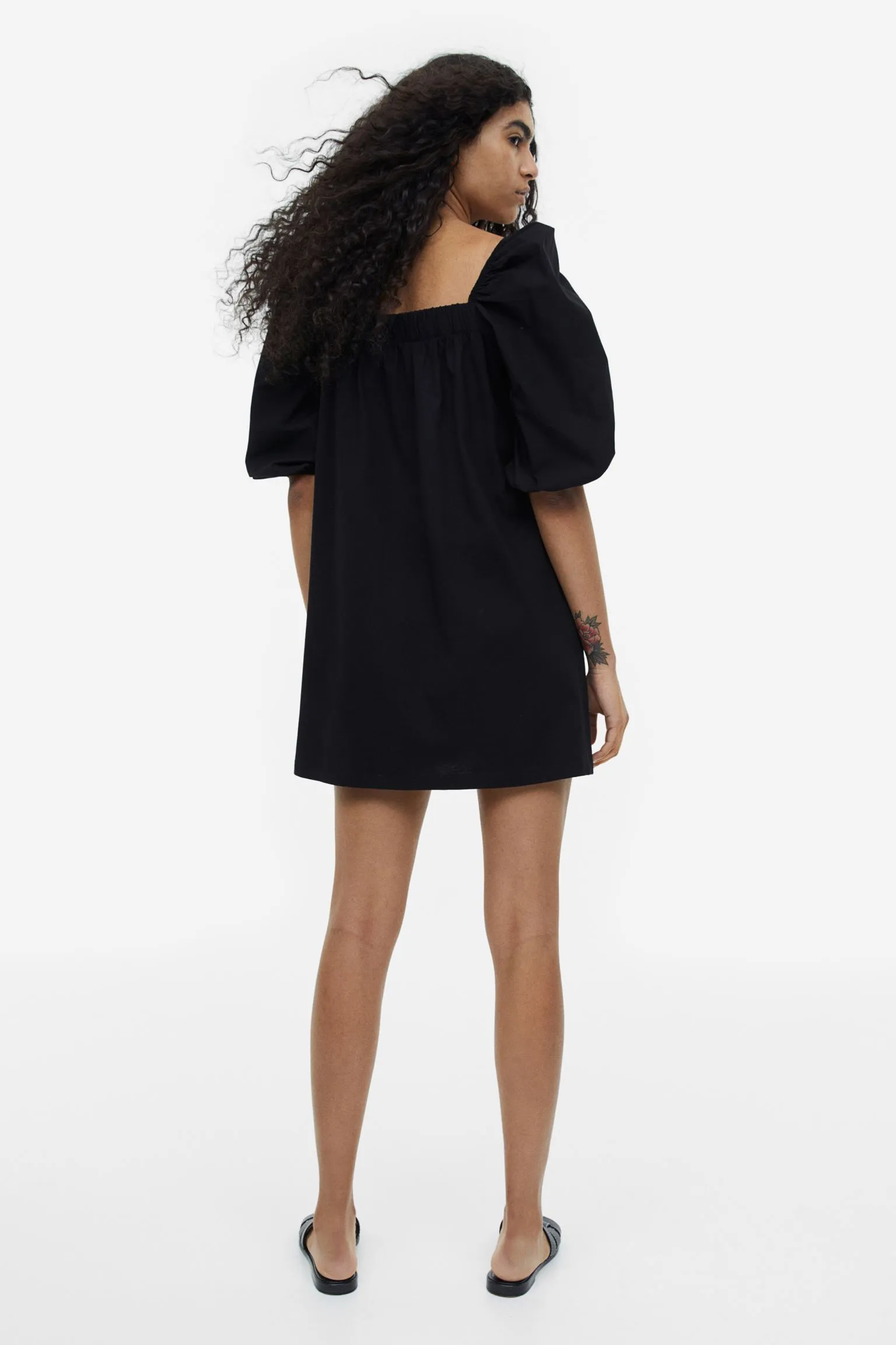 H&M Puff-sleeved Cotton dress, black