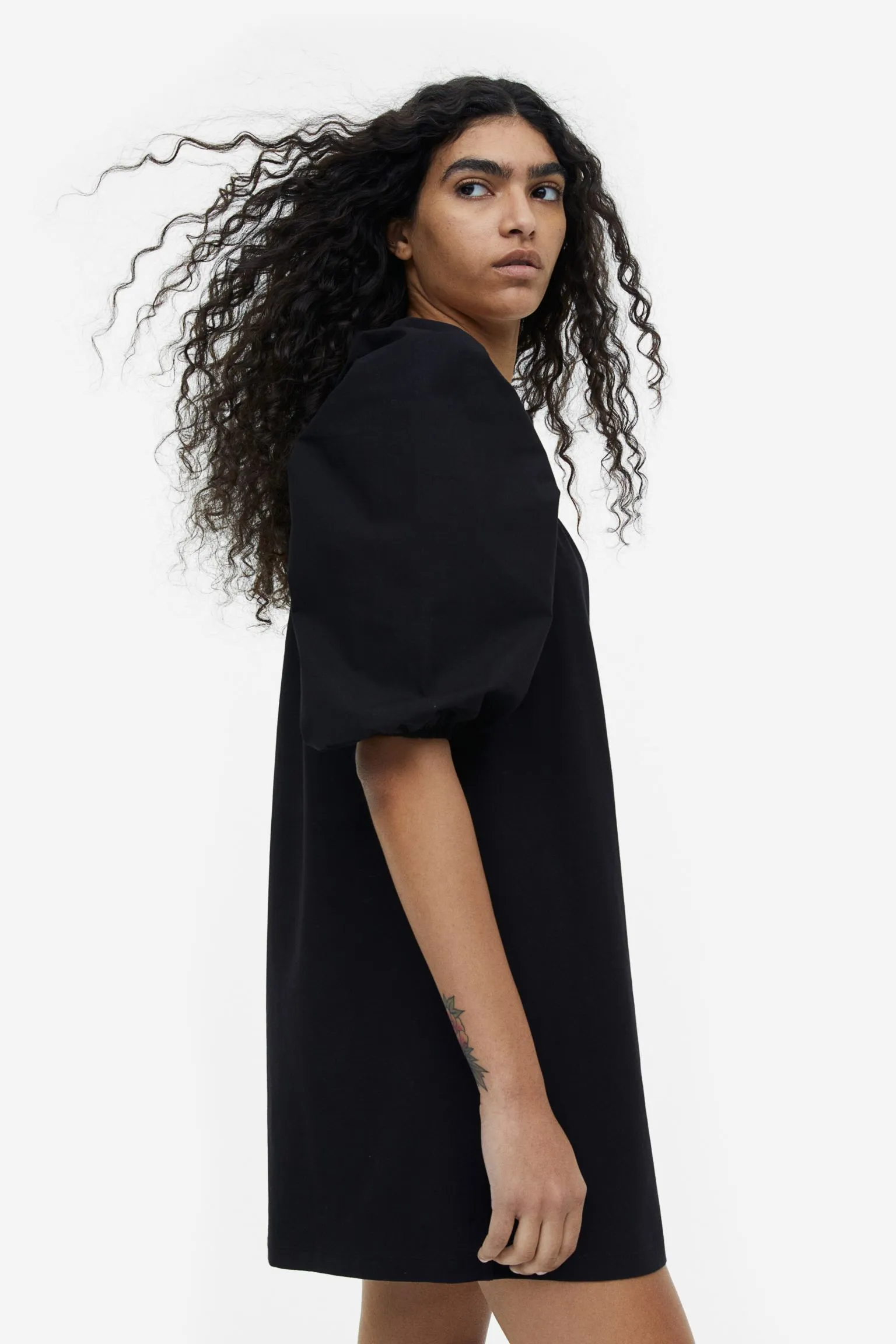 H&M Puff-sleeved Cotton dress, black