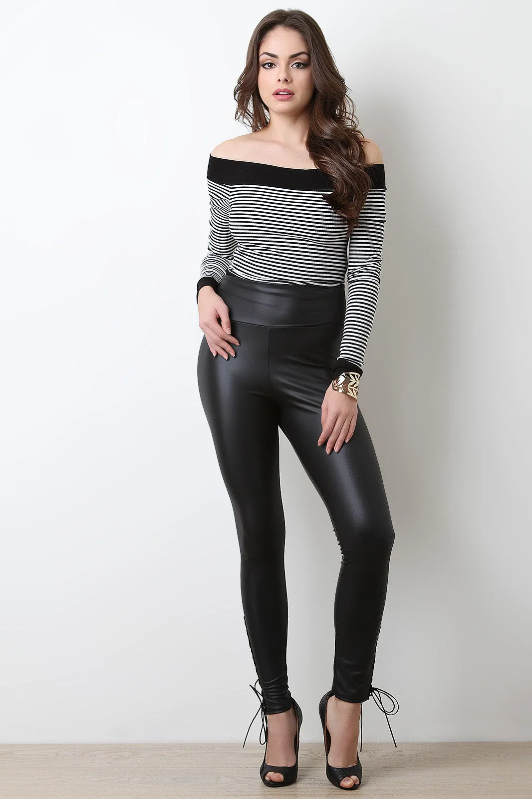 High Waist Vegan Leather Ankle Lace Up Leggings