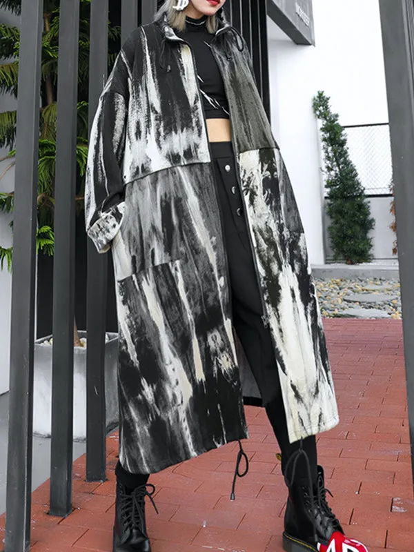 Long Sleeves Loose Drawstring Split-Joint Zipper Round-Neck Trench Coats