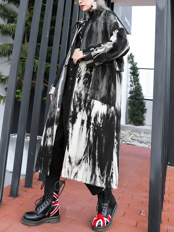 Long Sleeves Loose Drawstring Split-Joint Zipper Round-Neck Trench Coats