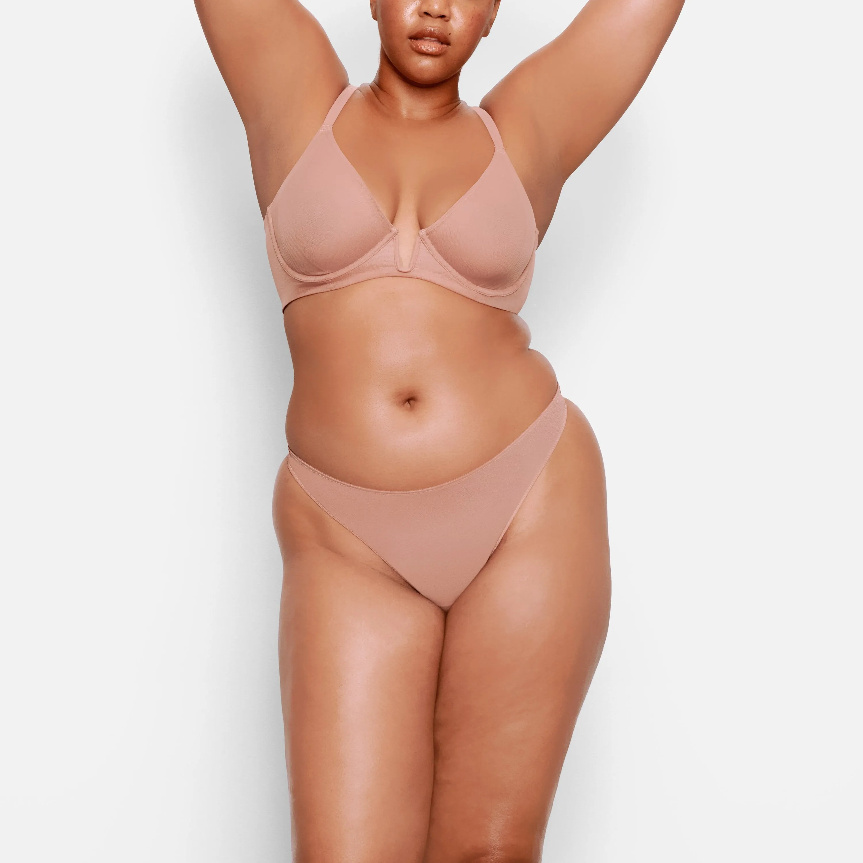 MESH ONE WIRE PLUNGE BRA | ROSE CLAY