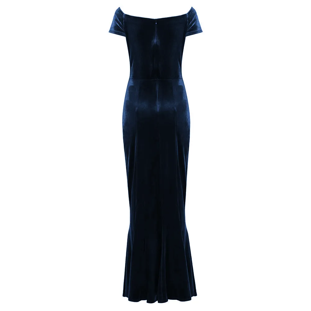 Navy Blue Cap Sleeve Twist Bust Fishtail Hem Velour Maxi Dress