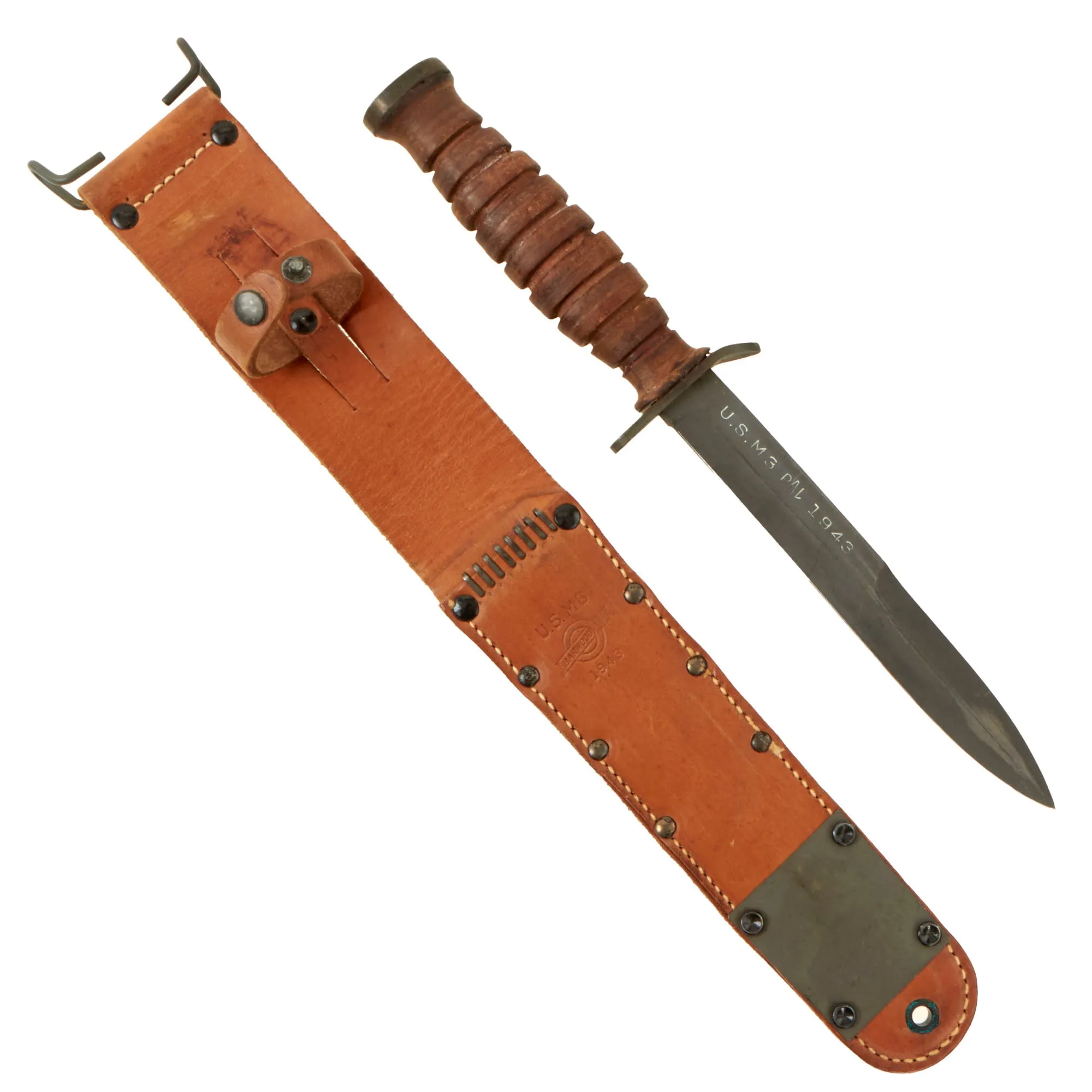 Original U.S. WWII New Old Stock M3 Fighting Knife Blade Marked by PAL with 1943 Dated M6 Scabbard by Barnwood