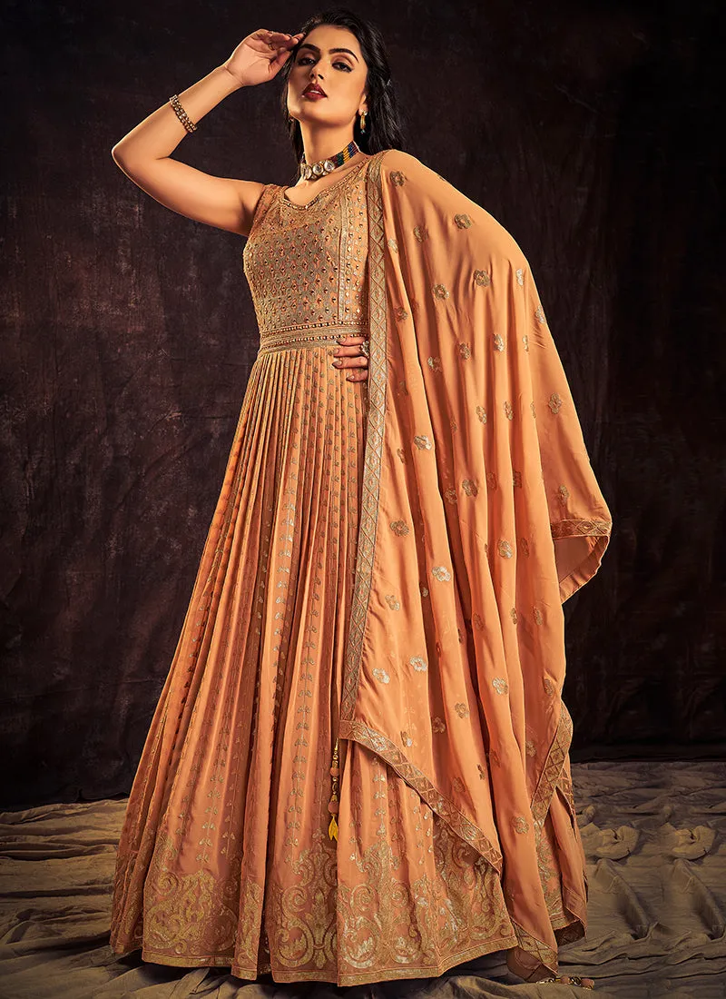 Pastel Orange Sequence And Mirror Work Embroidery Anarkali Gown