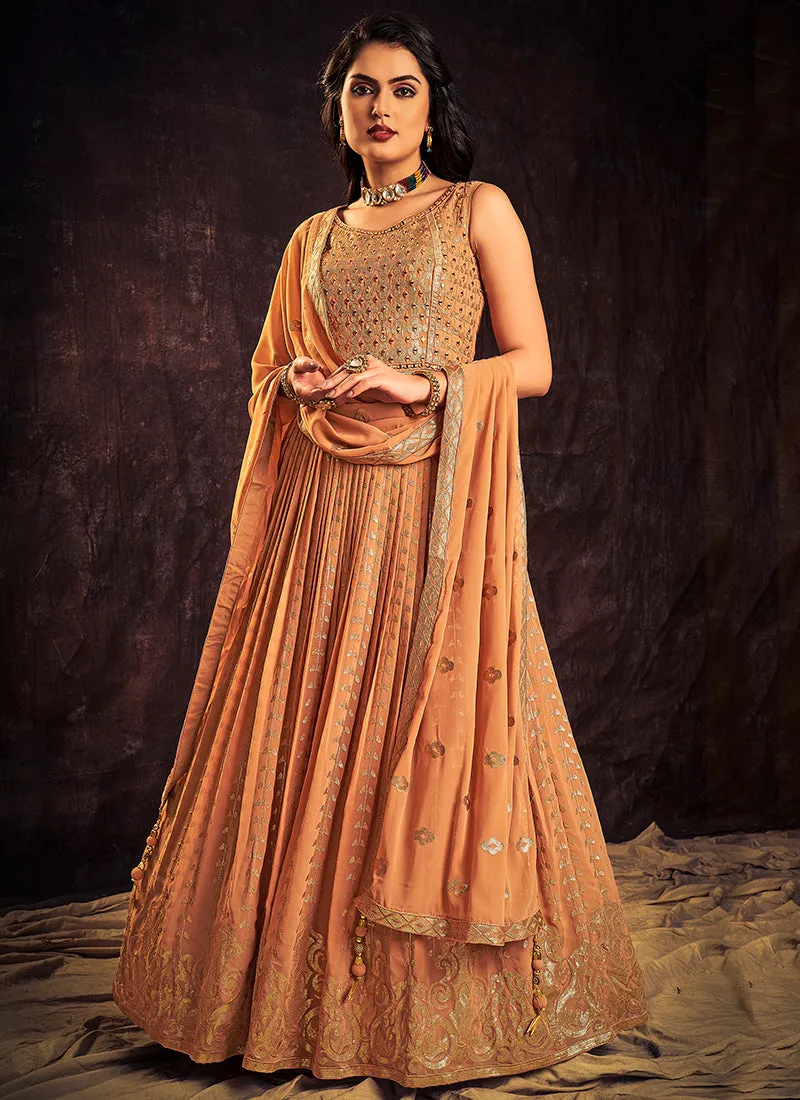 Pastel Orange Sequence And Mirror Work Embroidery Anarkali Gown