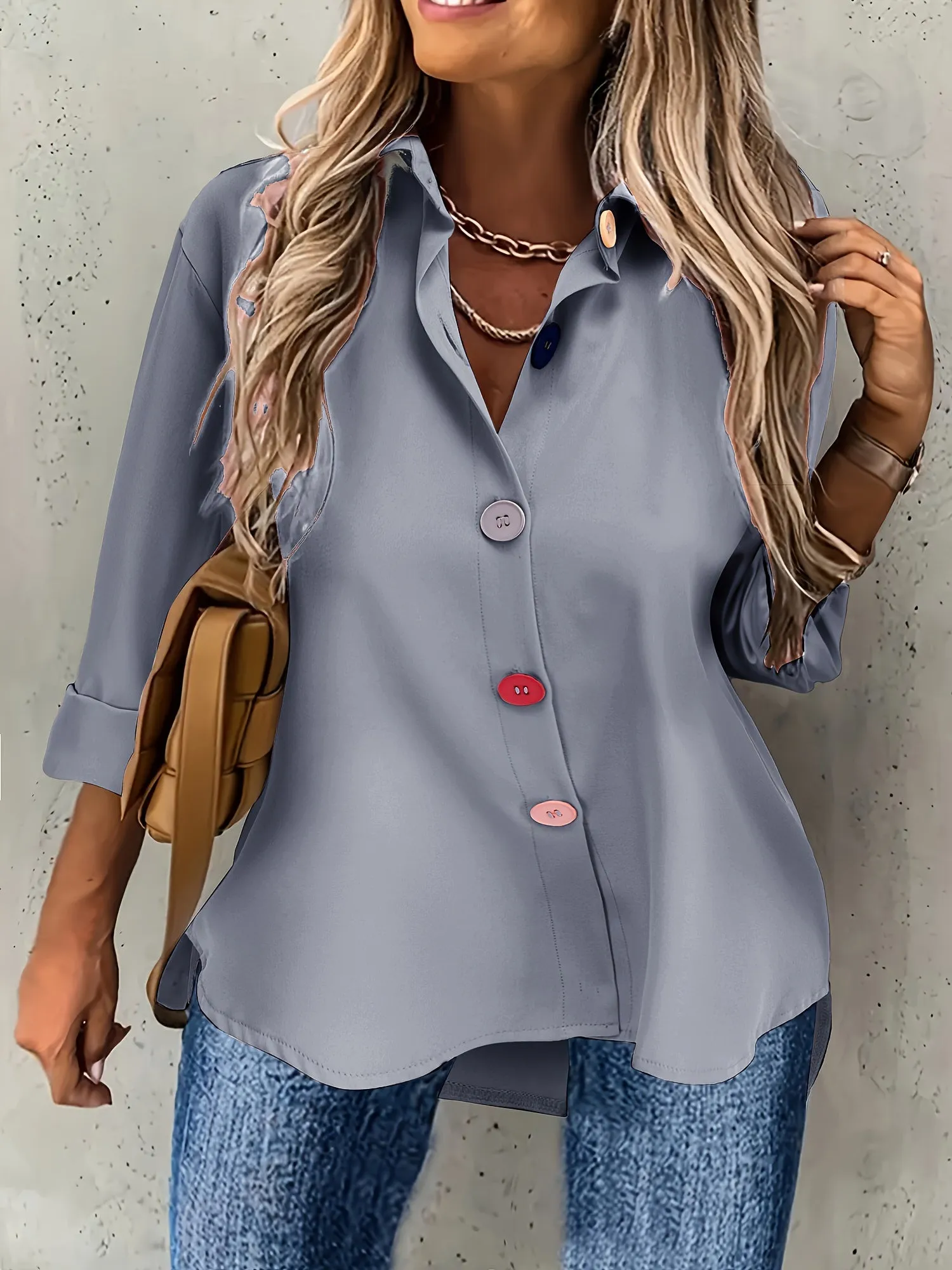 Plus Size Chic Solid Collared Shirt with Vibrant Buttons - Stylish Long Sleeve for Elegant Spring & Fall Fashion - Womens Plus Size Clothing