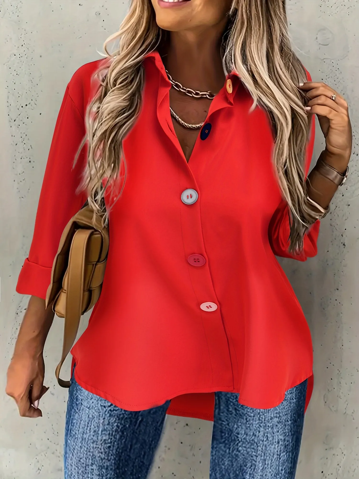 Plus Size Chic Solid Collared Shirt with Vibrant Buttons - Stylish Long Sleeve for Elegant Spring & Fall Fashion - Womens Plus Size Clothing