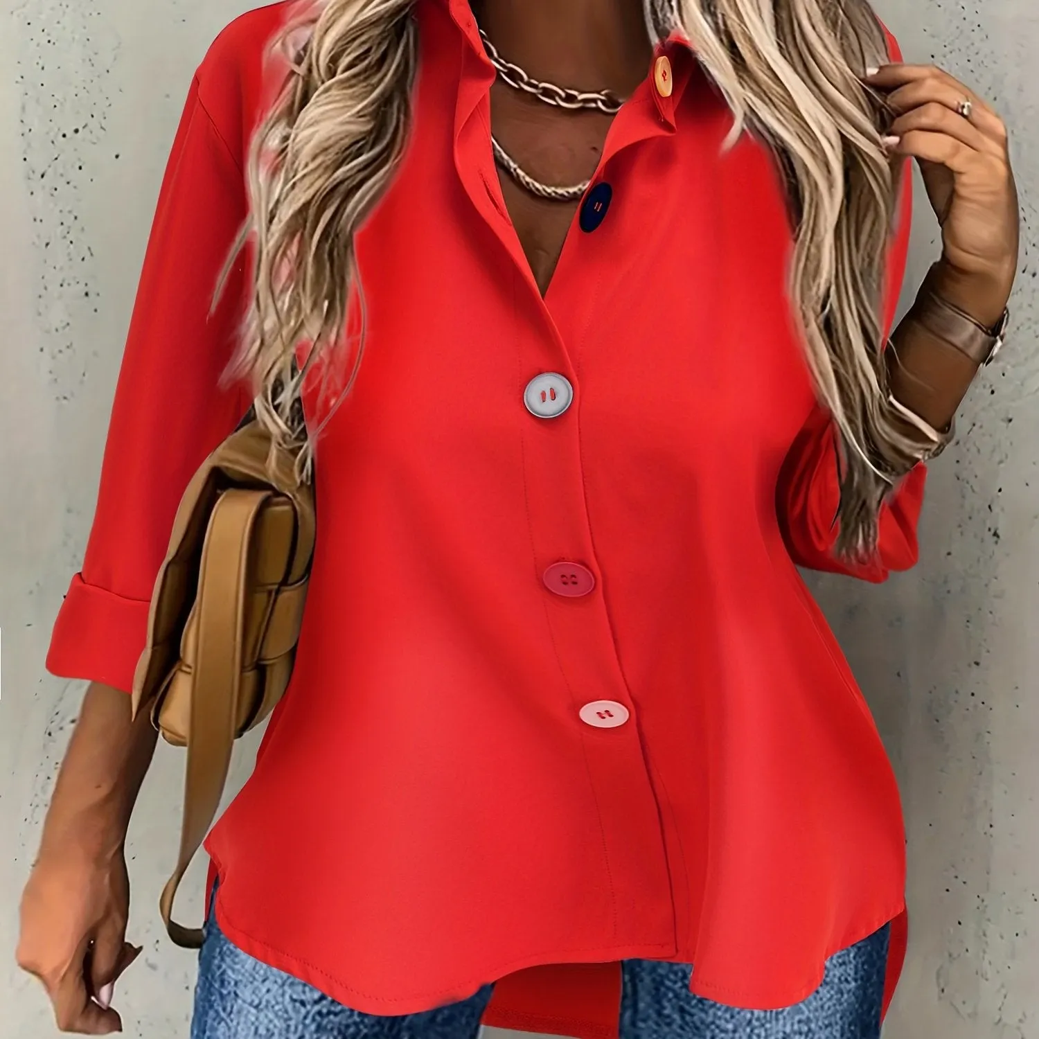 Plus Size Chic Solid Collared Shirt with Vibrant Buttons - Stylish Long Sleeve for Elegant Spring & Fall Fashion - Womens Plus Size Clothing