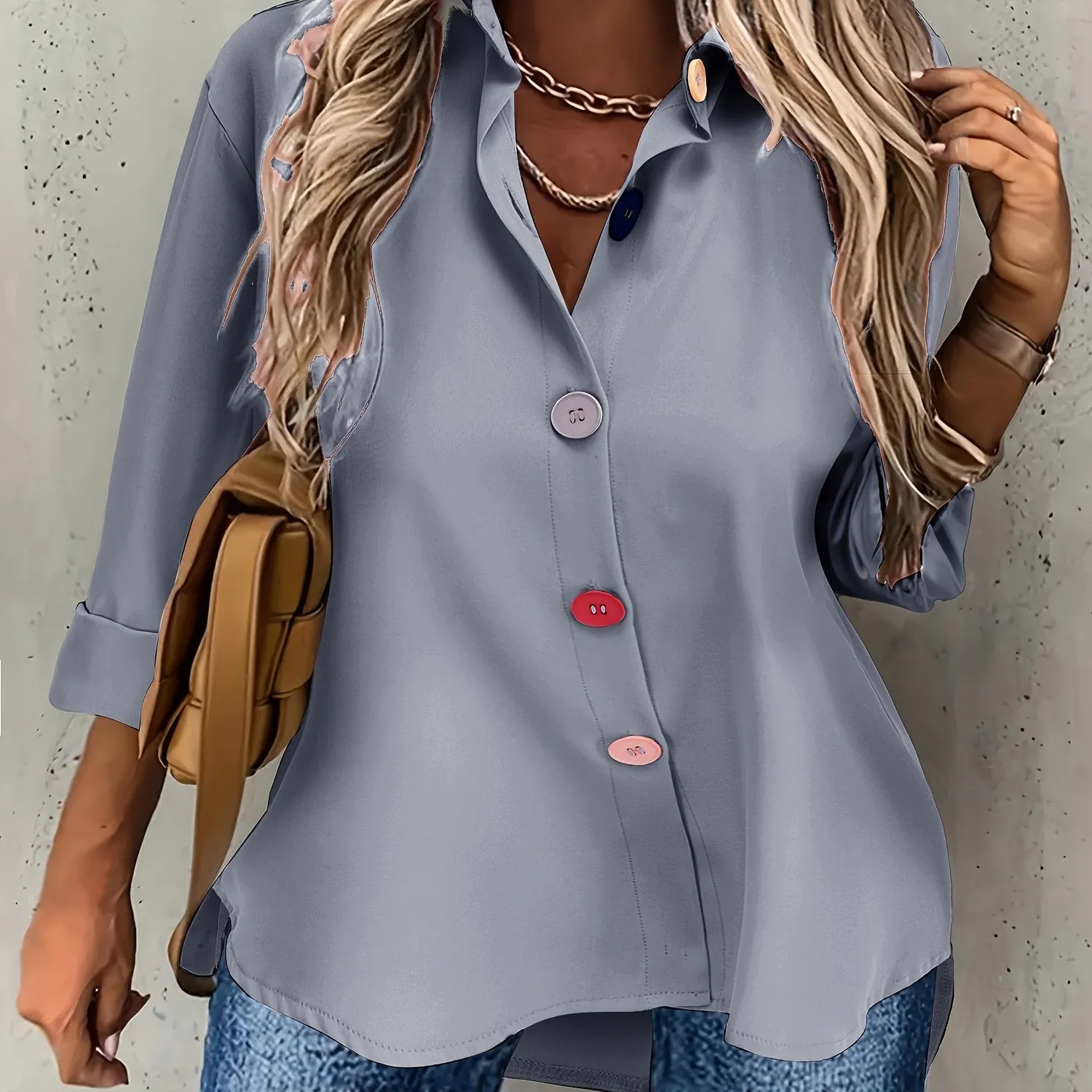 Plus Size Chic Solid Collared Shirt with Vibrant Buttons - Stylish Long Sleeve for Elegant Spring & Fall Fashion - Womens Plus Size Clothing