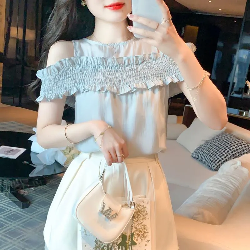 Ruffle Trim Off-Shoulder Gentle Chiffon Blouse