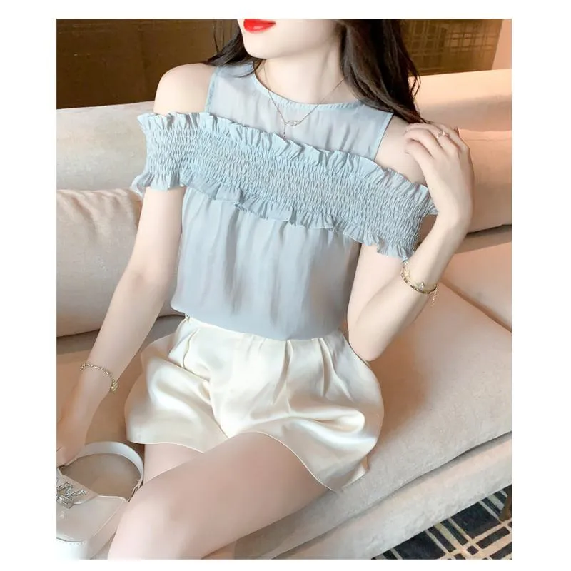 Ruffle Trim Off-Shoulder Gentle Chiffon Blouse