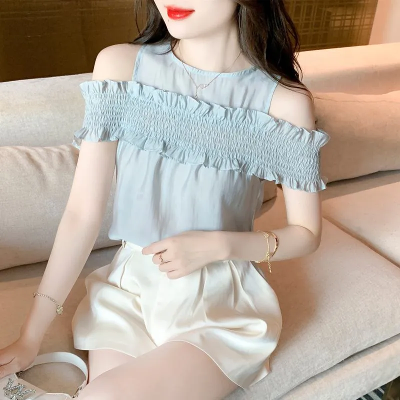 Ruffle Trim Off-Shoulder Gentle Chiffon Blouse