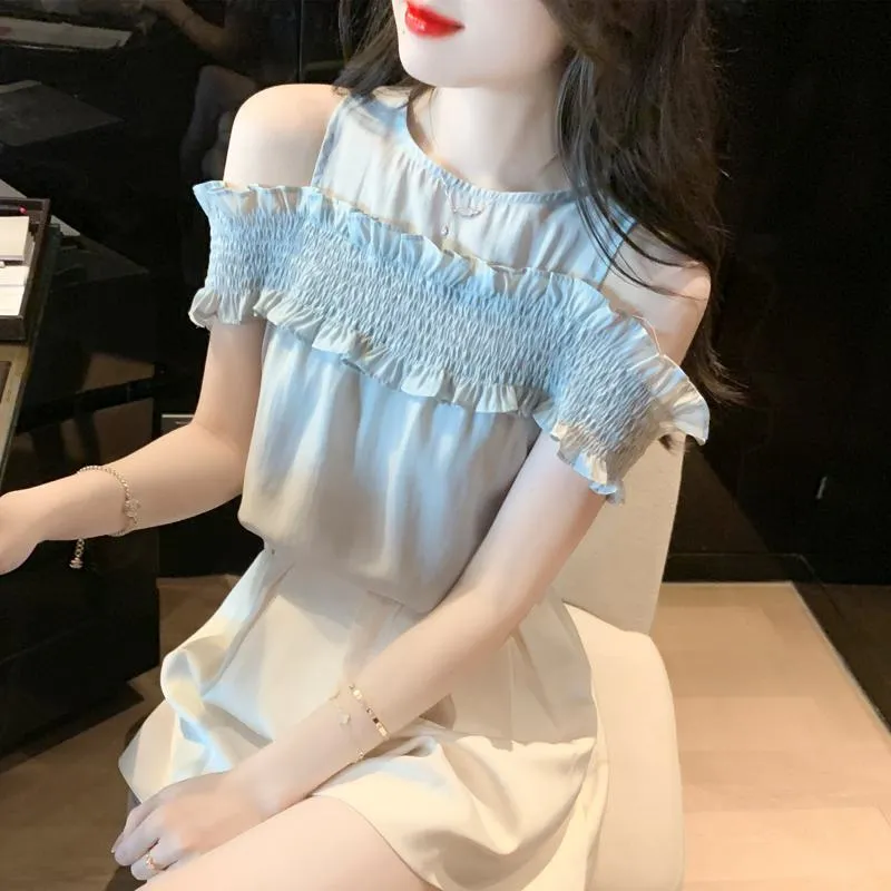 Ruffle Trim Off-Shoulder Gentle Chiffon Blouse