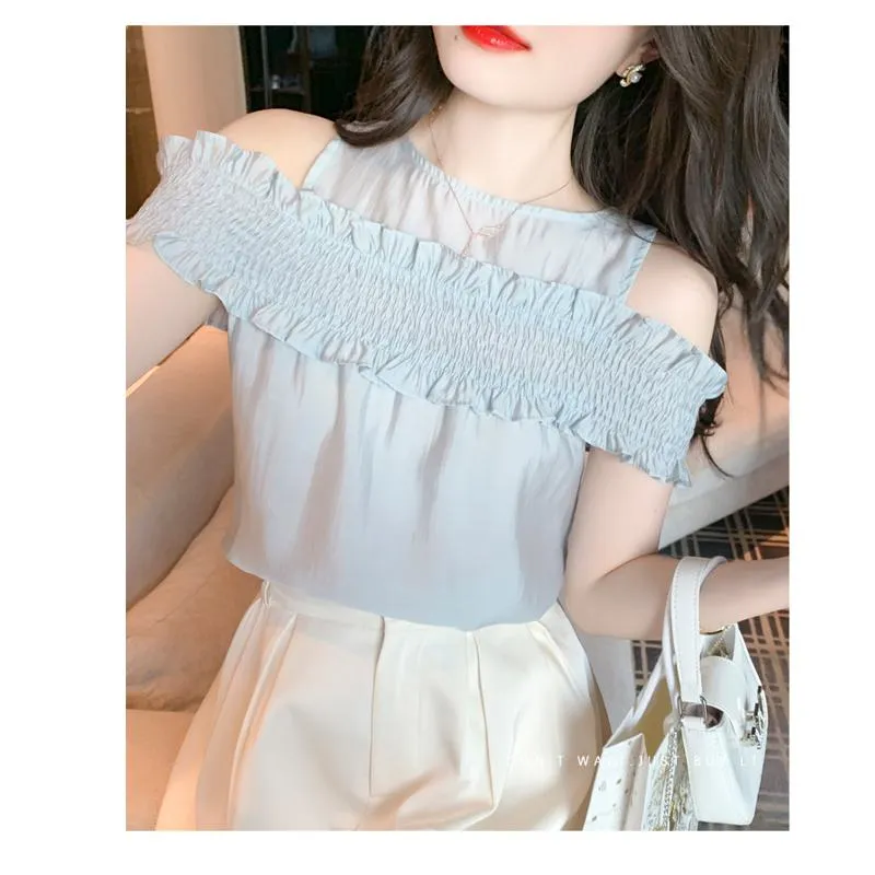 Ruffle Trim Off-Shoulder Gentle Chiffon Blouse