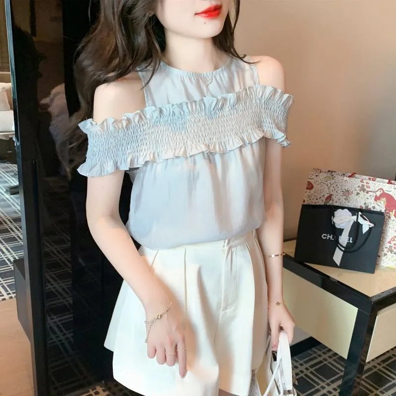 Ruffle Trim Off-Shoulder Gentle Chiffon Blouse