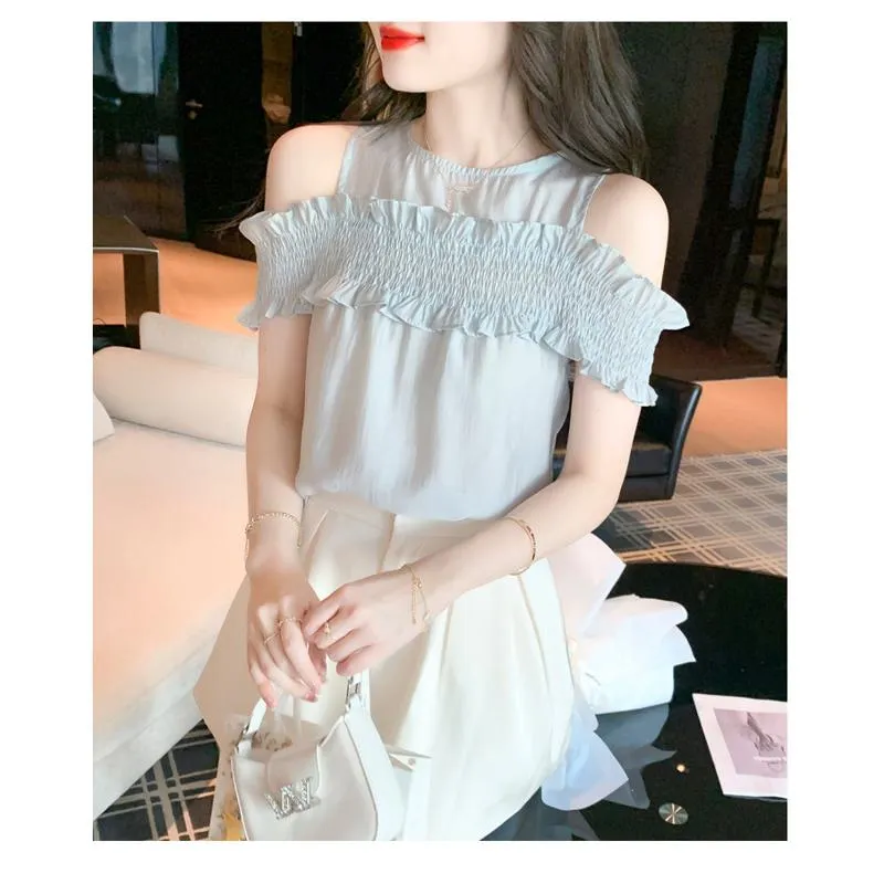 Ruffle Trim Off-Shoulder Gentle Chiffon Blouse