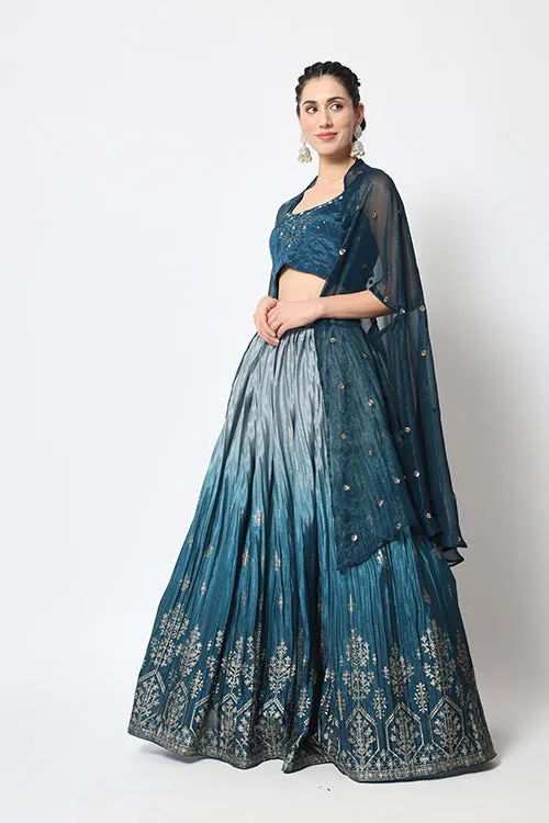 Teal Blue Traditional Attire Bridal Foil Printed Lehenga Choli