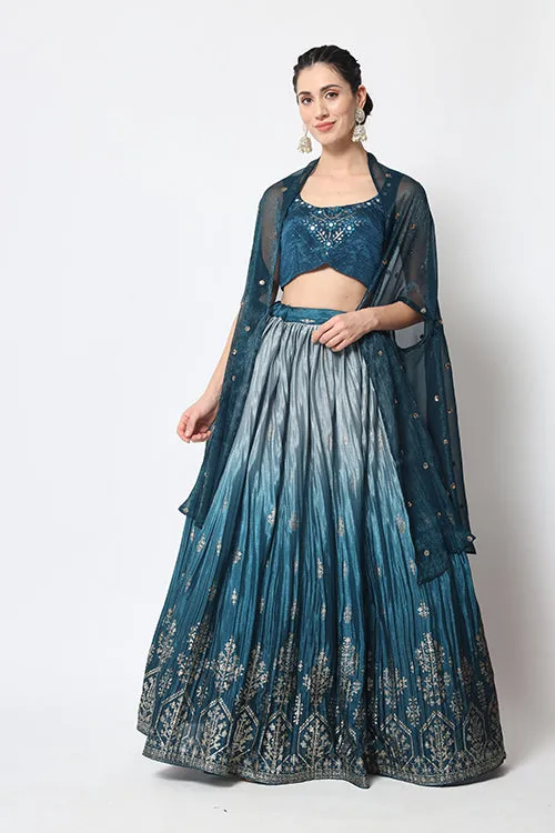 Teal Blue Traditional Attire Bridal Foil Printed Lehenga Choli