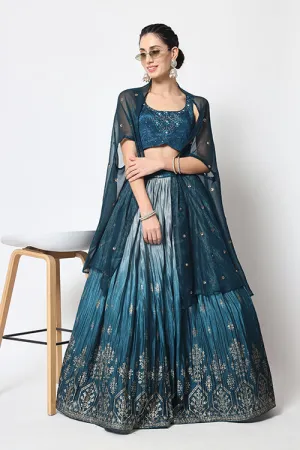 Teal Blue Traditional Attire Bridal Foil Printed Lehenga Choli