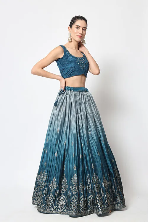 Teal Blue Traditional Attire Bridal Foil Printed Lehenga Choli