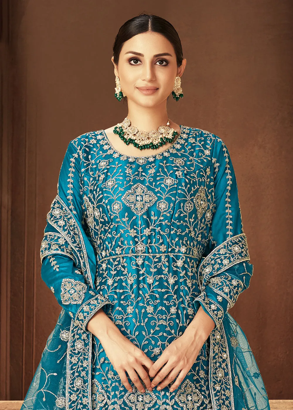 Teal Zarkan Diamond Embroidered Bridal Anarkali Suit