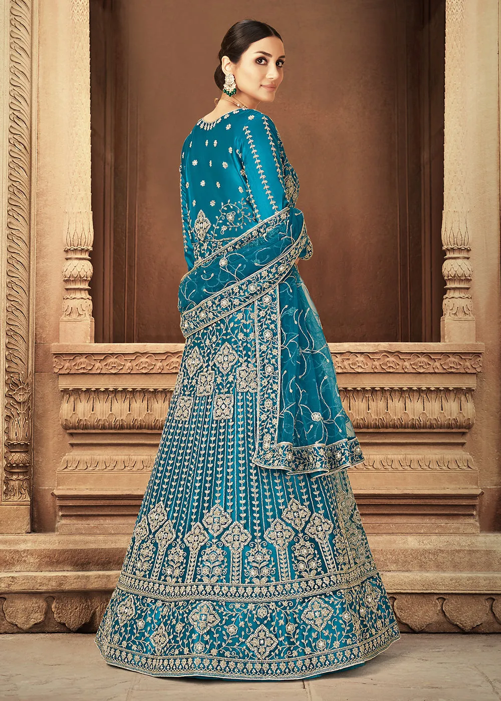 Teal Zarkan Diamond Embroidered Bridal Anarkali Suit