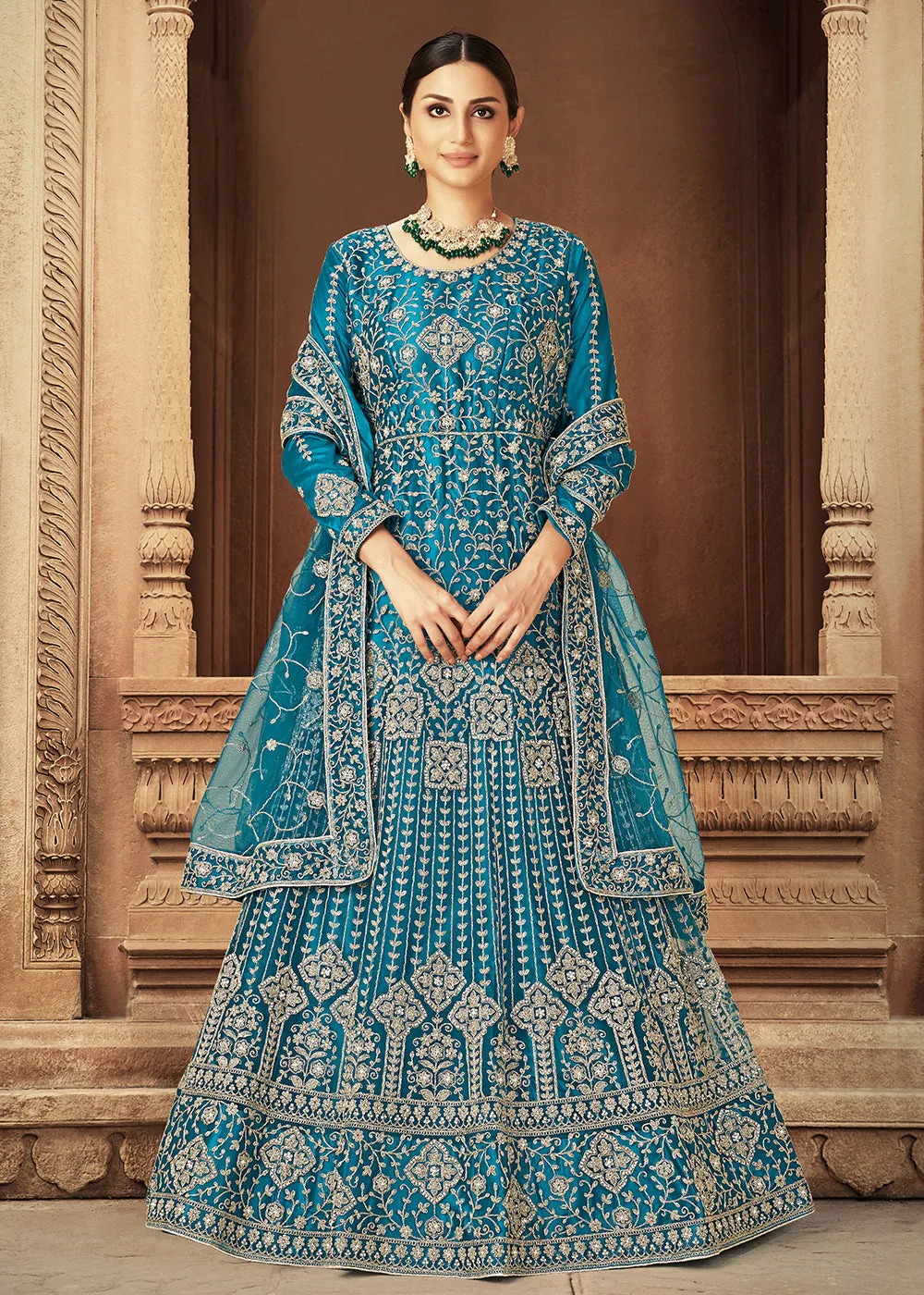 Teal Zarkan Diamond Embroidered Bridal Anarkali Suit