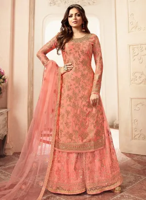 Titilliating Peach Embroidered Designer Jacquard Sharara Suit