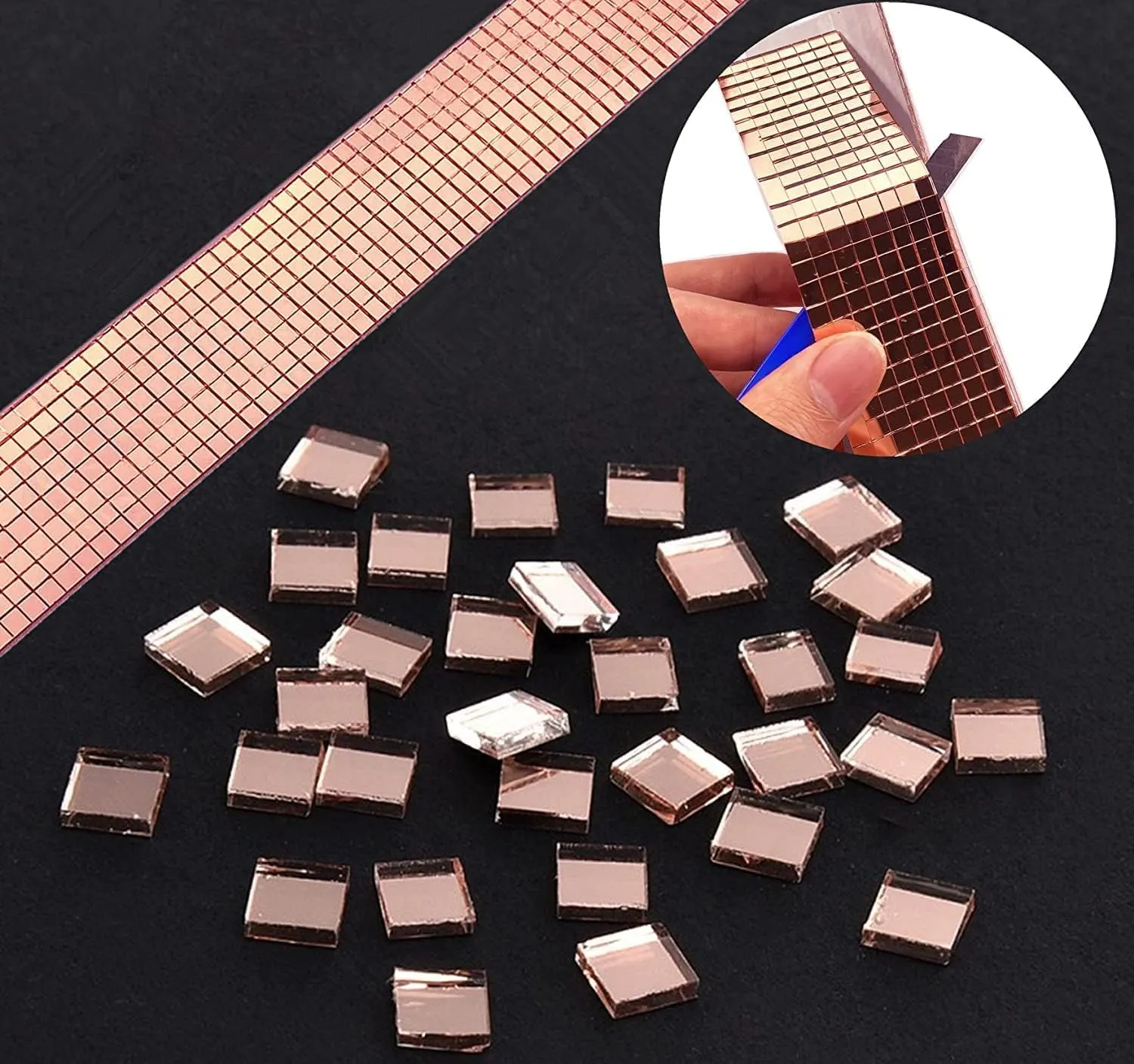 TRENCH 3D Mosaic Tile Stickers - Self-Adhesive Glass Mirror Mosaic Tile Craft | Waterproof Mini Square Mirror Tiles | Mirror Roll Stickers for DIY Home Craft Decoration Material (Rose Gold_3 PCS)